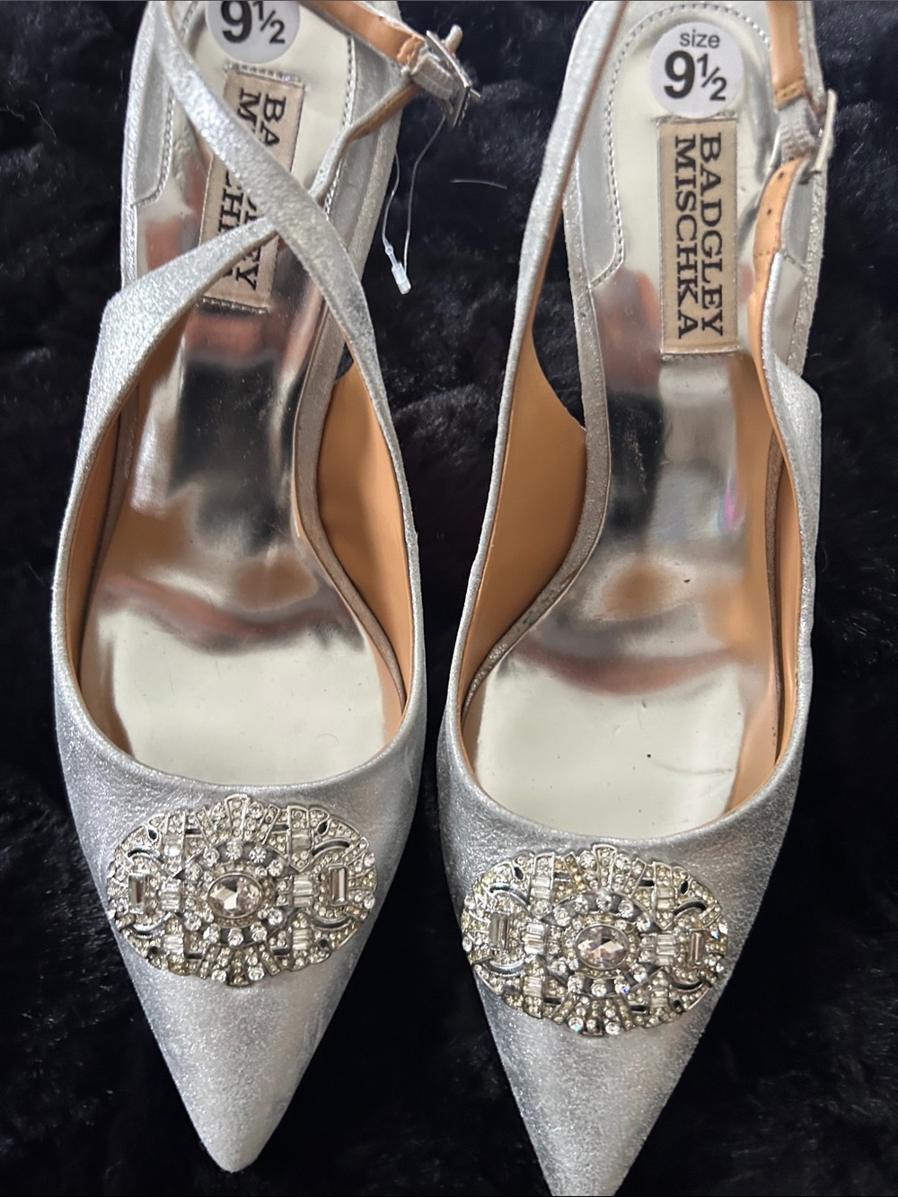 Badgley Mischka Silver Crystal-Embellished Pointed Slingback Heels